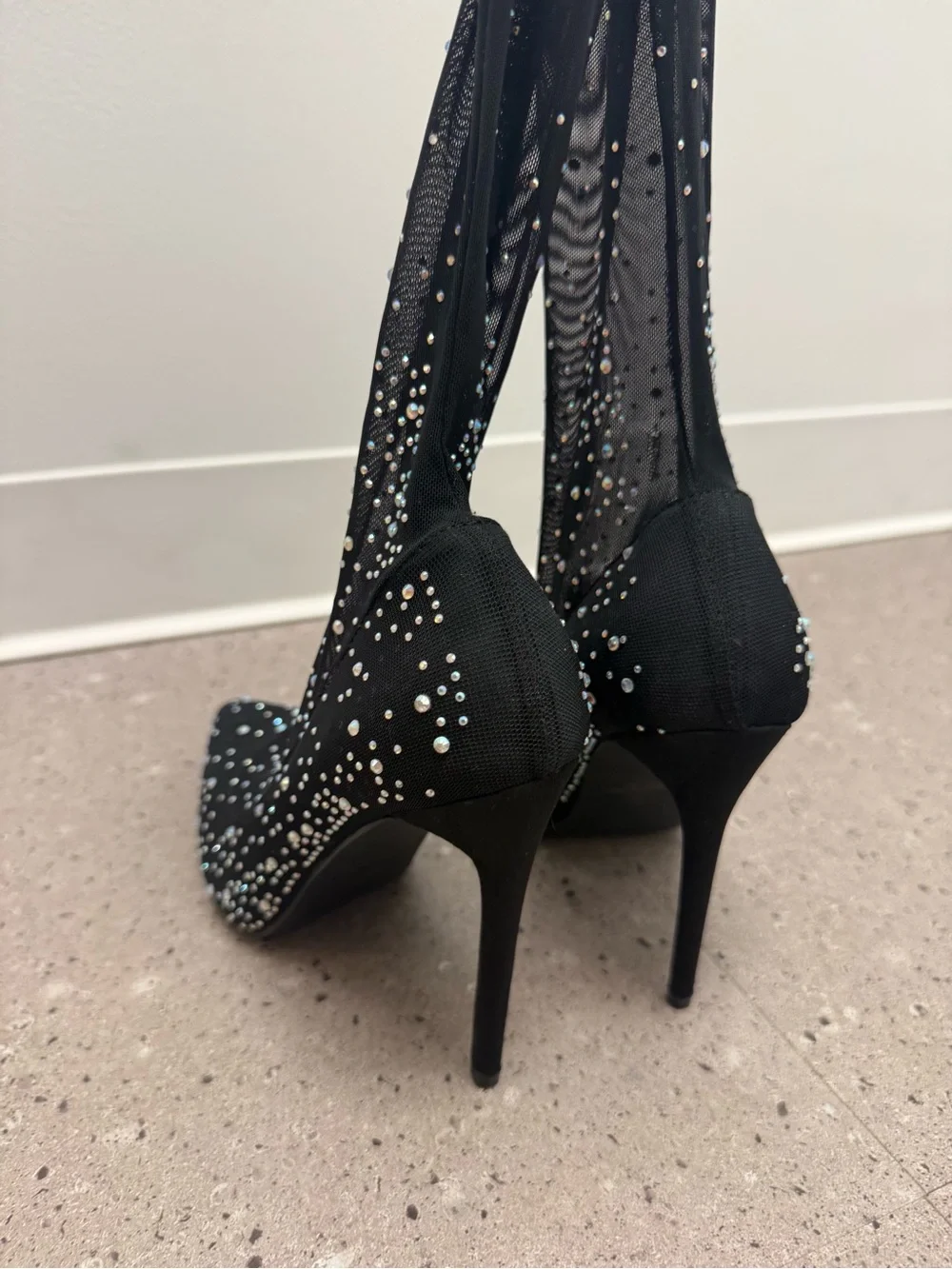 Liliana Black Rhinestone Thigh-High Sheer Stocking Heels - Size 9